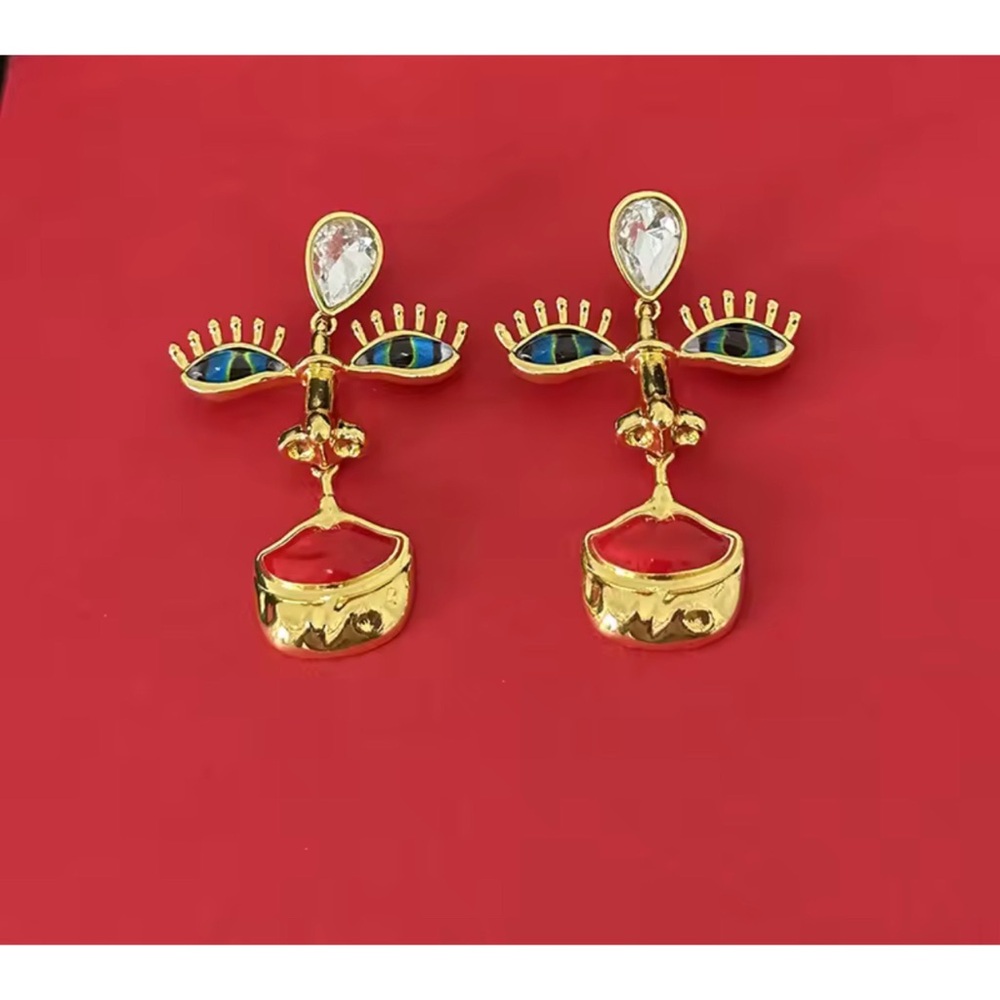 Gold-tone Face Motif Drop Earrings with Blue Eye and Red Lip